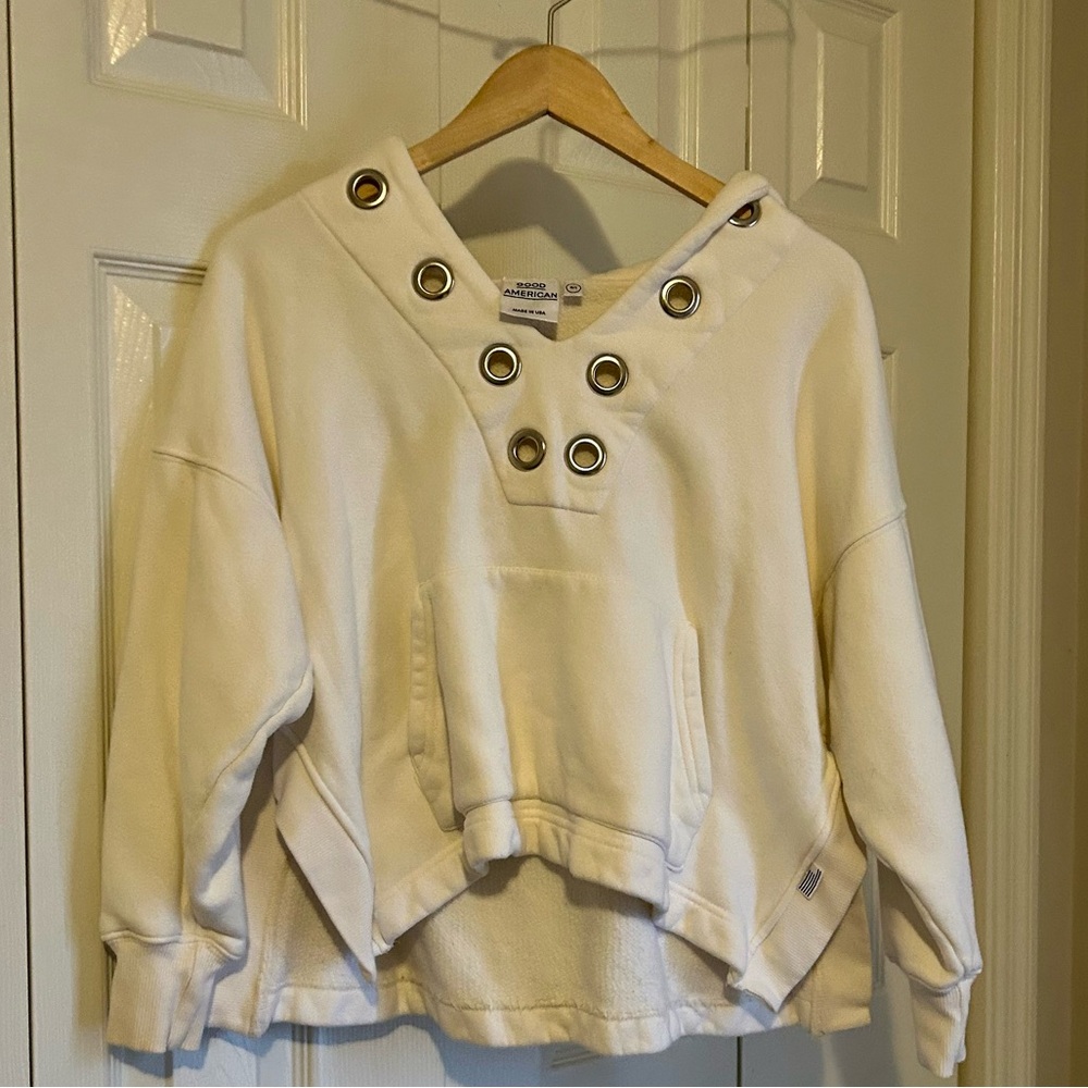 Good American Cream Hoodie with Grommet Accents
